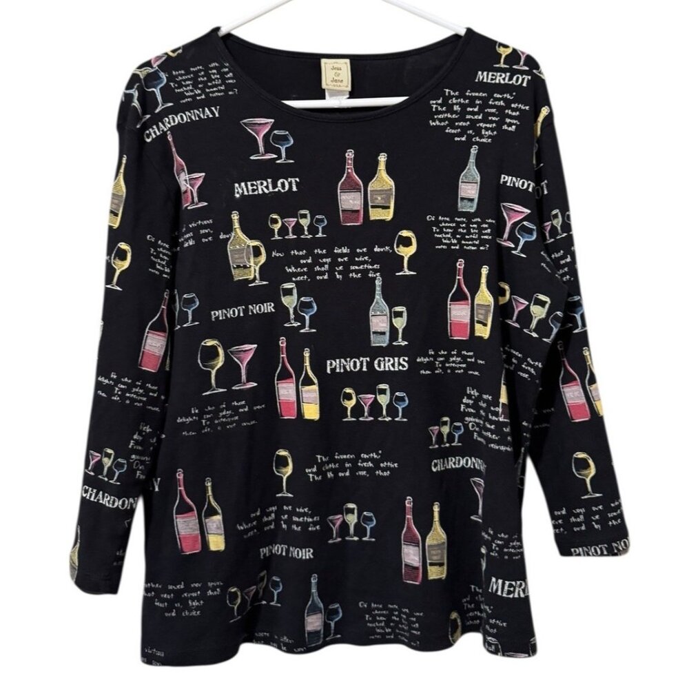 Jess & Jane Shirt Women Size Large Wine Glass Bottles City Artsy‎ Classic